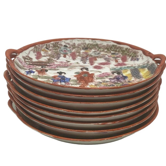 Vintage Chinoiserie Ceramic Handpainted Luncheon Hors D’Oeuvres Plates - Set of 8 For Sale - Image 9 of 12