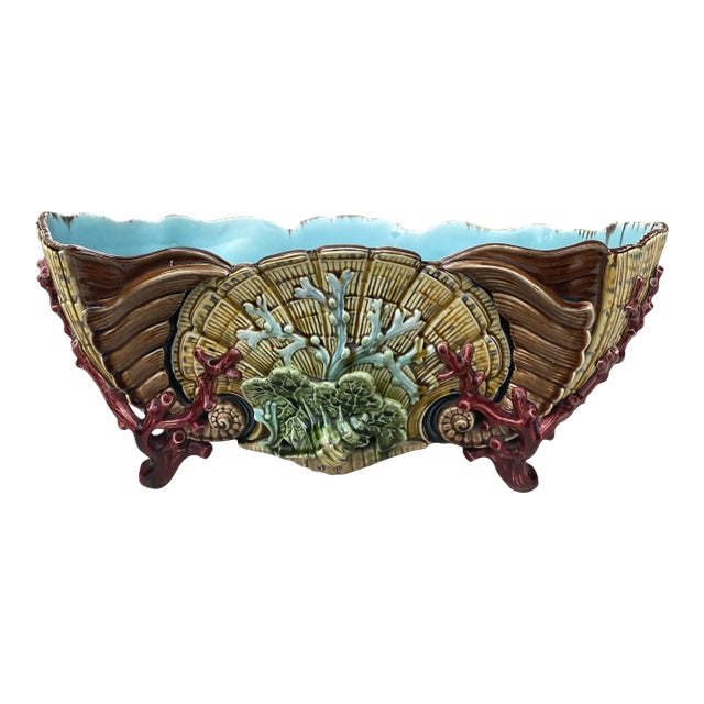 19th Century Large Majolica Shell & Coral Jardiniere Sarreguemines For Sale