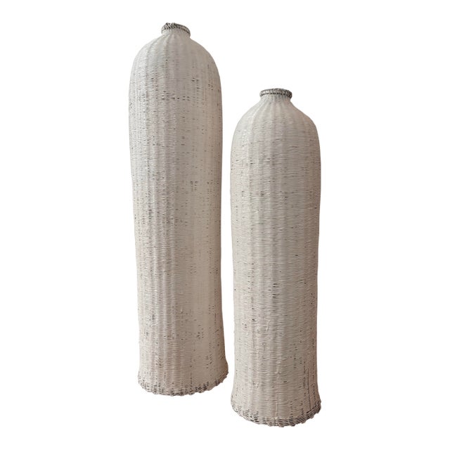 Antique White Panted Wicker Tall Fish Baskets For Sale