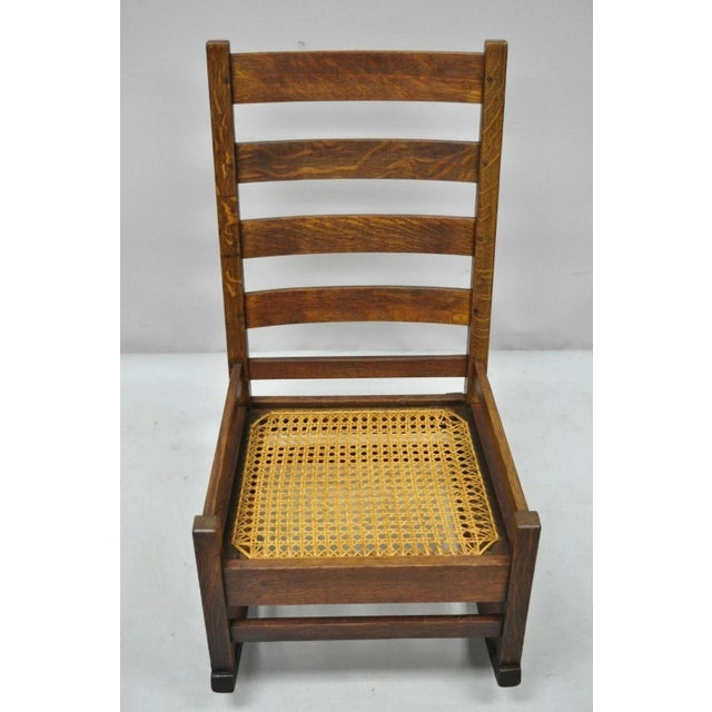 Arts & Crafts Early 20th Century Antique Arts & Crafts Mission Oak Ladder Back Hip Rail Rocker Rocking Chair For Sale - Image 3 of 10