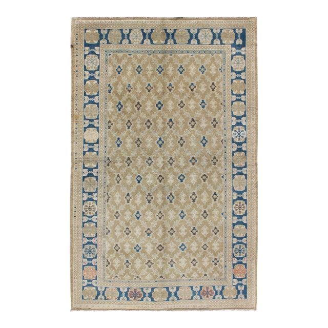 Fine Turkish Sivas Rug in All Over Geometric Design in Tan, Taupe, Blue & Brown For Sale