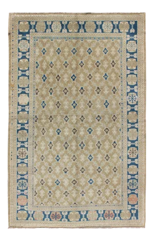 Fine Turkish Sivas Rug in All Over Geometric Design in Tan, Taupe, Blue & Brown