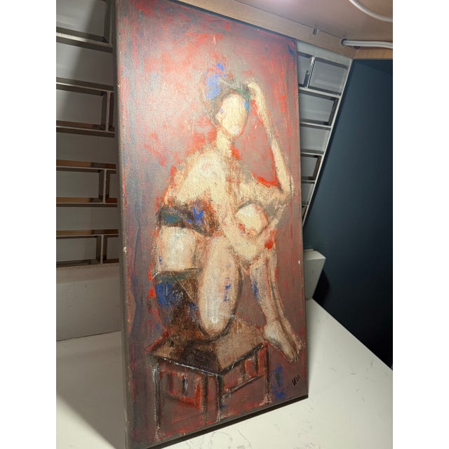 An evocative mid-century style expressionist figurative painting on canvas, signed and dated " '22 " in the lower right...