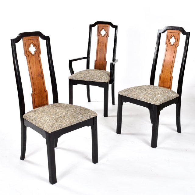 Wood 6 Thomasville Embassy Asian Modern Chinoiserie Dining Chairs Gray Seats For Sale - Image 7 of 16