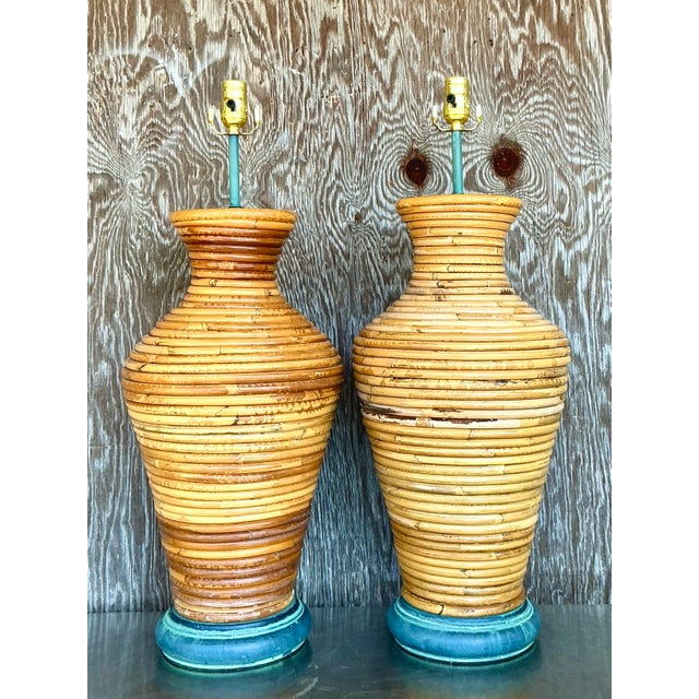 Mid 20th Century Vintage Costal Coiled Pencil Reed Lamps - A Pair For Sale - Image 5 of 11