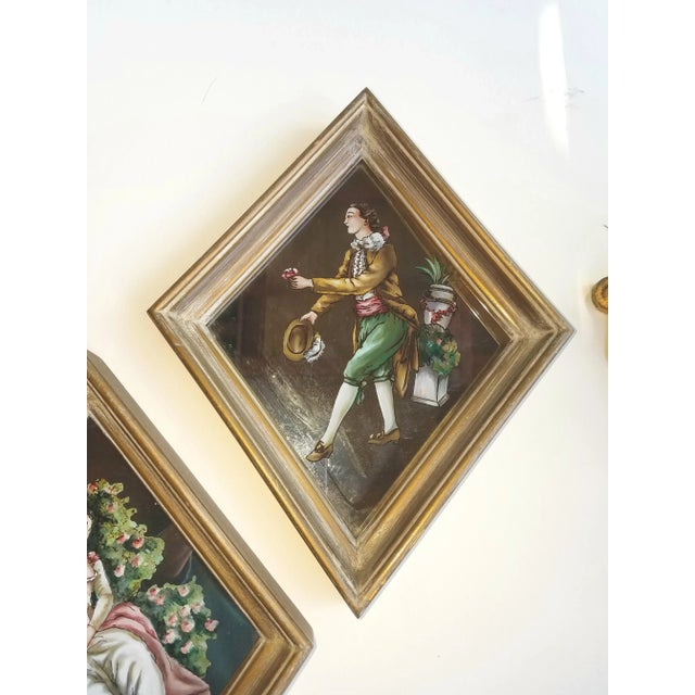 American 1950s Hand Painted Eglomise Pictures, a Lady and a Gentleman, Framed - a Pair For Sale - Image 3 of 4