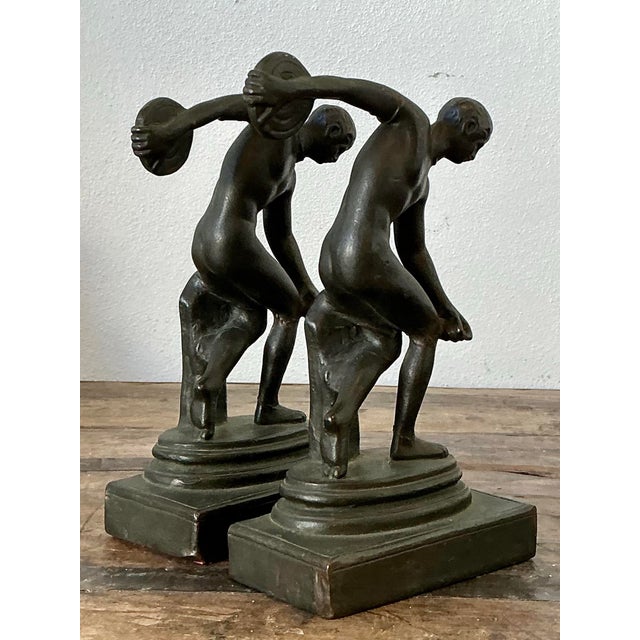 Vintage Patinated Cast Brass Disc Thrower Bookends - A Pair For Sale - Image 11 of 12