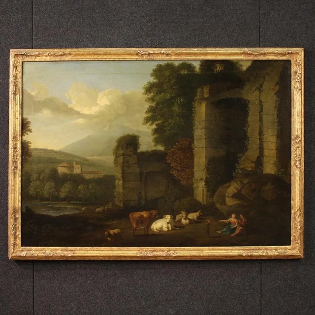 Italian Artist, Bucolic Landscape with Ruins, 1680, Oil on Canvas, Framed For Sale - Image 15 of 15