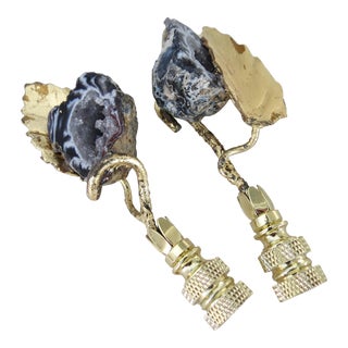 Vintage Italian Tole Leaf and Geode Stone Lamp Finials, a Pair For Sale