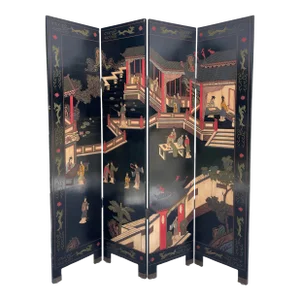 Asian Coromandel Black Lacquer Double-Sided Folding Floor Screen