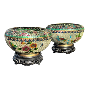 Pair of Chinese Plique-a-Jour Cloisonne Bowls on Carved Wood Stands 1940s-60s