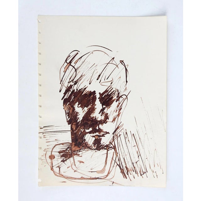 Vintage mid 20th century sepia ink on paper impressionist portrait drawing of man. Unsigned. Unframed, age toning, sketch...
