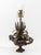 Maison Jansen Style Cast Iron and Sheet Metal Palm Leaf Motif Table Lamp, the urn with scroll form handles and milk glass...