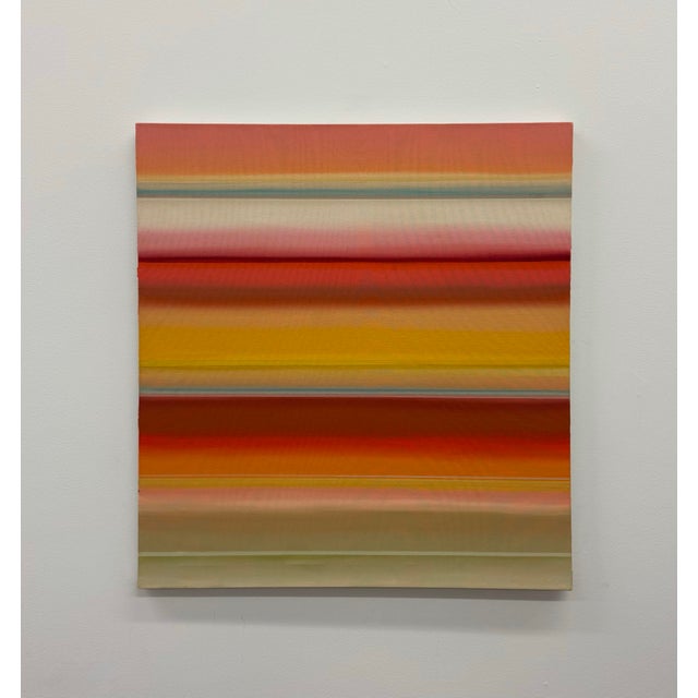 A contemporary abstract painting featuring layered horizontal bands in coral, crimson, golden yellow, blush, cream, and...