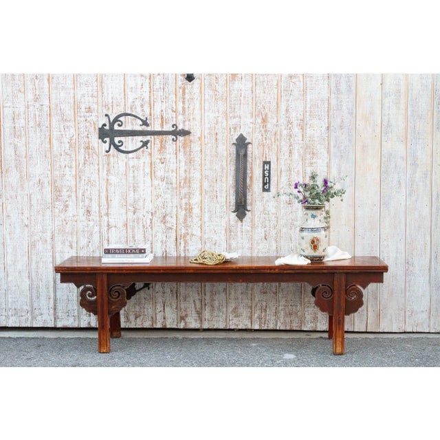 Wood Chinese Elm Ming Style Bench For Sale - Image 7 of 9