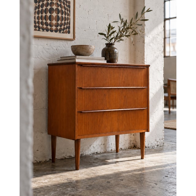 Danish teak chest of drawers by Kværndrup Møbelfabrik, c. 1960s. Compact proportions with three spacious drawers, long...