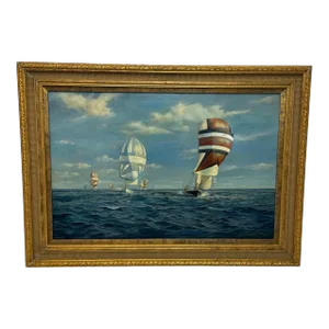 British Large Oil Painting Seascape Admirals Cup Yacht Cross Channel Race 1969 Off Cowes Isle Wight,