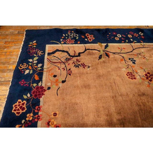 Camel 1920s Large Size Wool Camel Chinese Floral Antique Knotted Art Deco Carpet Rug For Sale - Image 8 of 10