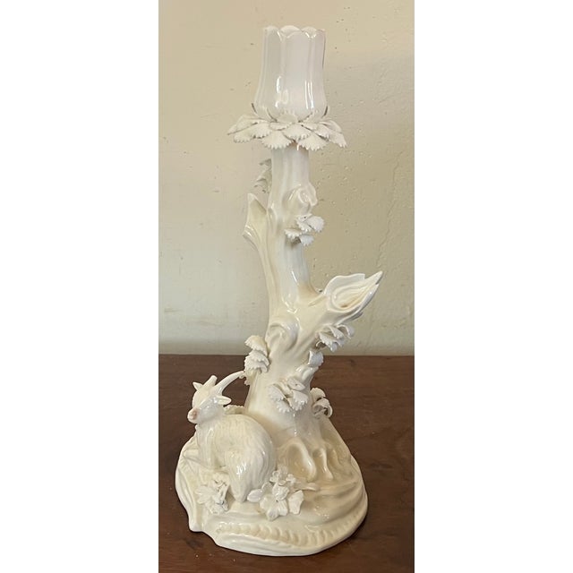 Rococo Antique 18th Century Derby Porcelain Blanc De Chine Candlestick Holder Faux Bois Tree Form Stem With a Goat For Sale - Image 3 of 17