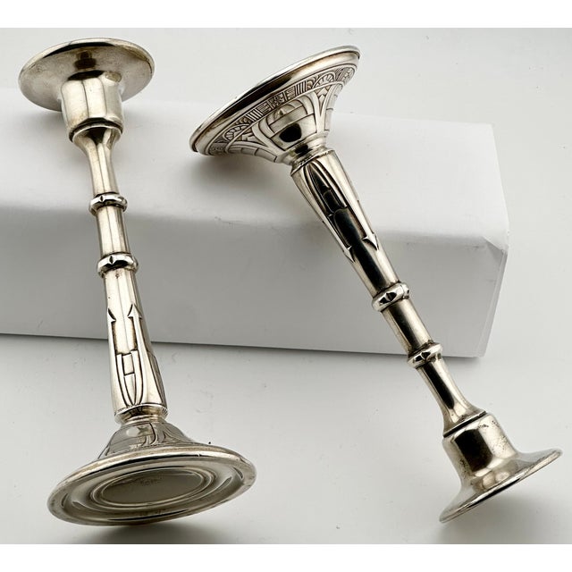 Fine Quality Vintage Mid 1900s Retro Art Deco Sterling Silver Candlesticks by Alvin Silver Company - Matching Pair For Sale - Image 12 of 18