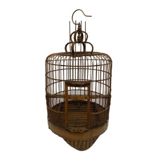 Antique Bamboo Bird Cage with 2 Pottery Feeders and Brass Hook For Sale