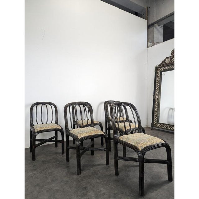 Black Lacquered Rattan Chairs with Fabric Seats, 1970s, Set of 6 For Sale - Image 3 of 10