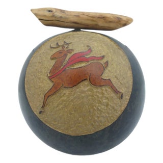 R Hess Hand Carved Folk Art Gourd With Prancing Deer Branch Handle Box For Sale