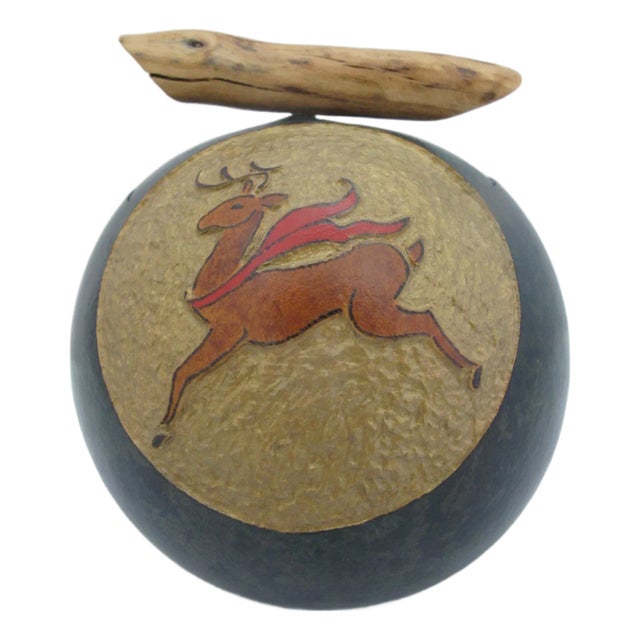 R Hess Hand Carved Folk Art Gourd With Prancing Deer Branch Handle Box For Sale