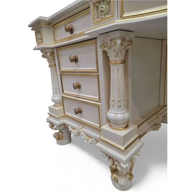 Vintage Custom Venetian Antique Rococo Style Antique White Carved Executive Desk For Sale In Chicago - Image 6 of 13