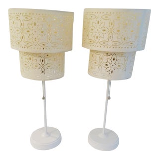 Ornate Lazer Cut Shade Cream & White Table Lamps, a Pair For Sale