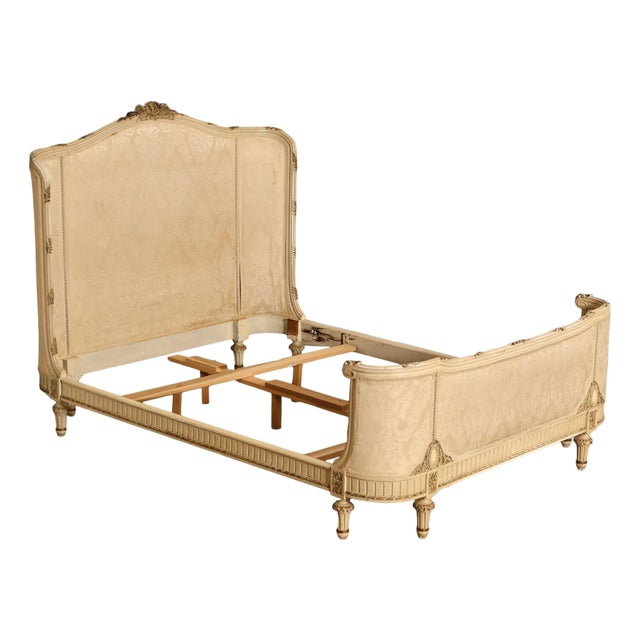 Antique French Louis XVI Style Painted & Upholstered Full Size Bed Frame For Sale