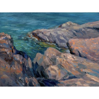 Presque Isle (Day 22) August 11 by Primary Hughes | Oil on wood Seascape with rocks and water For Sale