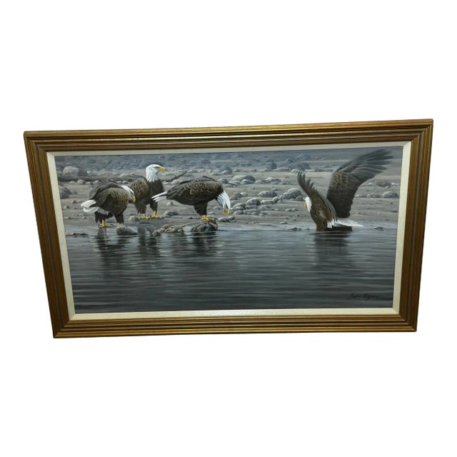 Vintage Realist Painting of North American Bald Eagles Gathering Fishing by Justin Prigmore For Sale