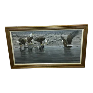 Vintage Realist Painting of North American Bald Eagles Gathering Fishing by Justin Prigmore