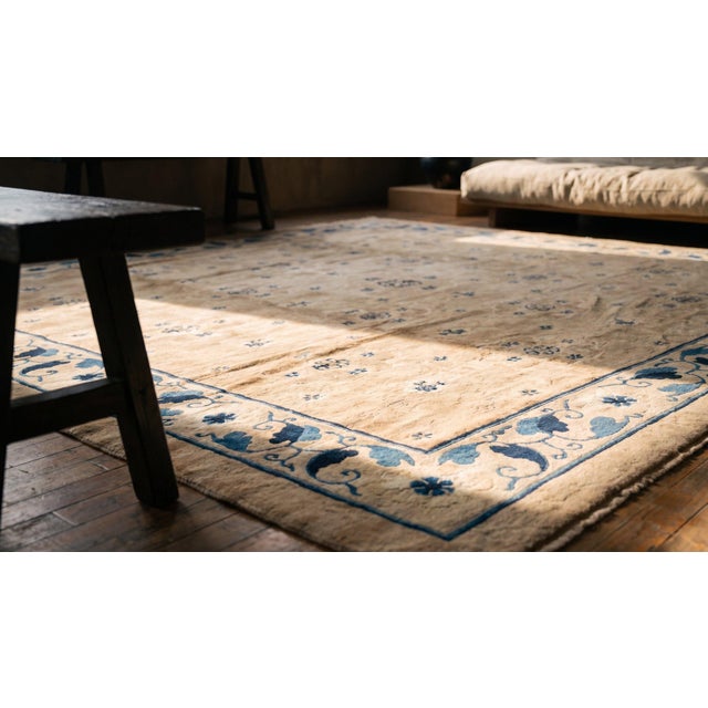 1890s Tan Champagne Dragon Medallion Antique Chinese Peking Rug 12'2" X 13'8" Handknotted Wool Carpet For Sale - Image 9 of 9