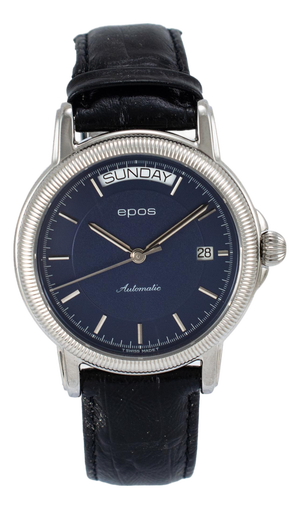 Epos Passion Day Date 39mm 3217 Blue Dial Leather Strap Steel Automatic Watch