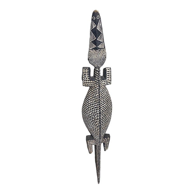 Vintage African Life Size Wooden Sculpture Black and White of a Crocodile Nuna Bobo Burkina Faso 78" For Sale
