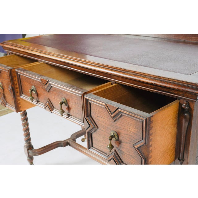 English Antique Barley-Twist Oak Writing Desk With Burgundy Leather Top, Jacobean Revival Circa 1890 For Sale - Image 3 of 8