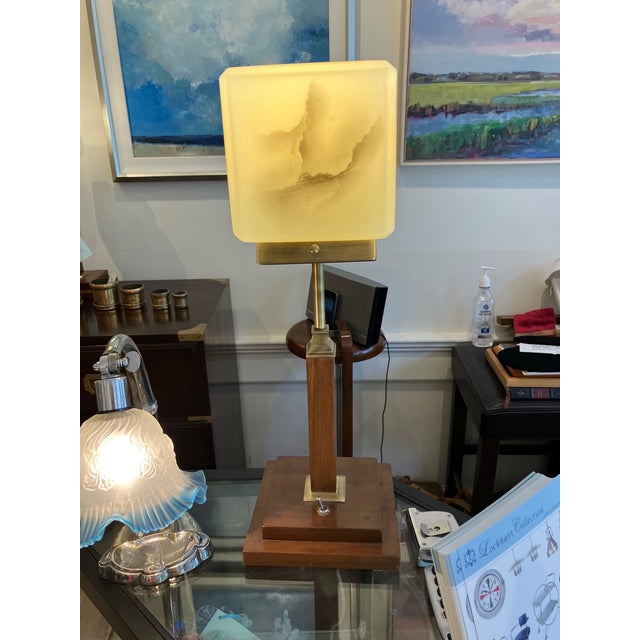 Art Deco 1930s Art Deco Marbleized Art Glass Shade on Teak and Brass Base For Sale - Image 3 of 5