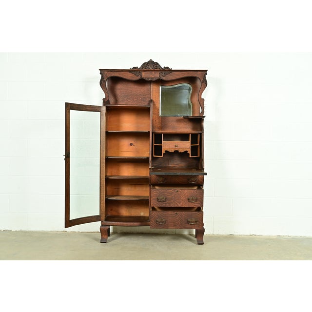 Early 20th Century Early Baker Furniture Antique Victorian Carved Tiger Oak Side-by-Side Bookcase With Drop Front Secretary Desk, Circa 1900 For Sale - Image 5 of 17