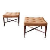 Edward Wormley for Dunbar Brown Leather Thebes Stools, 1950s - A Pair For Sale