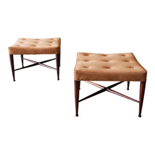 Edward Wormley for Dunbar Brown Leather Thebes Stools, 1950s - A Pair For Sale