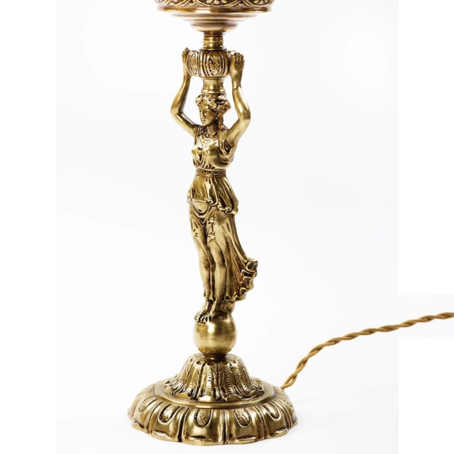 Metal 1950s Brass Lady Table Lamp With Opaline Glass Shade For Sale - Image 7 of 10