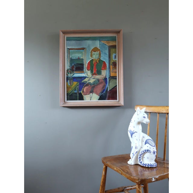 Mid-Century Modern Mid-Century Modern 'The Reader's Pause' Vintage Swedish Original Figurative Oil Painting, Framed For Sale - Image 3 of 12