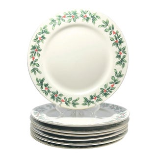 1990s Baum Brothers “Holly” Set of 7 Porcelain Christmas Dinner Plates For Sale