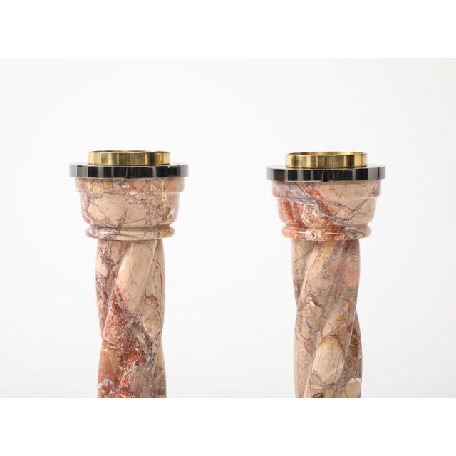 1980's Spiral Marble Steel and Brass Large Candle Holder For Sale - Image 17 of 17