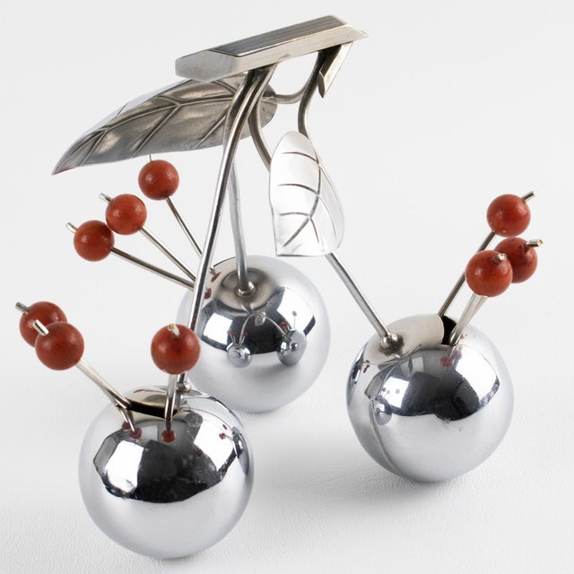 Art Deco 1930s Art Deco Giant Chrome Cherries Barware Cocktail Picks by Gouaille - 11 pcs For Sale - Image 3 of 11