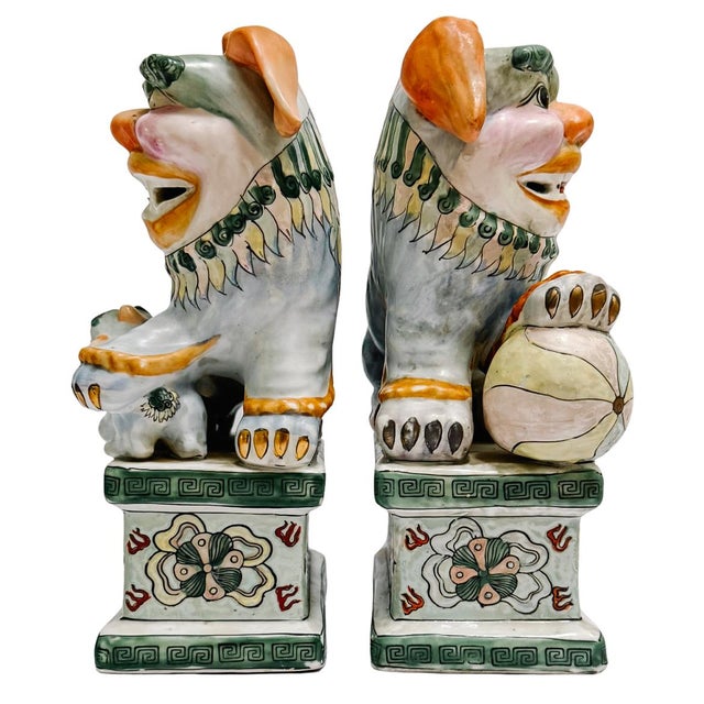 Mid 20th Century Chinese Famille Verte Style Glazed Ceramic Foo Dogs - A Pair For Sale - Image 4 of 10