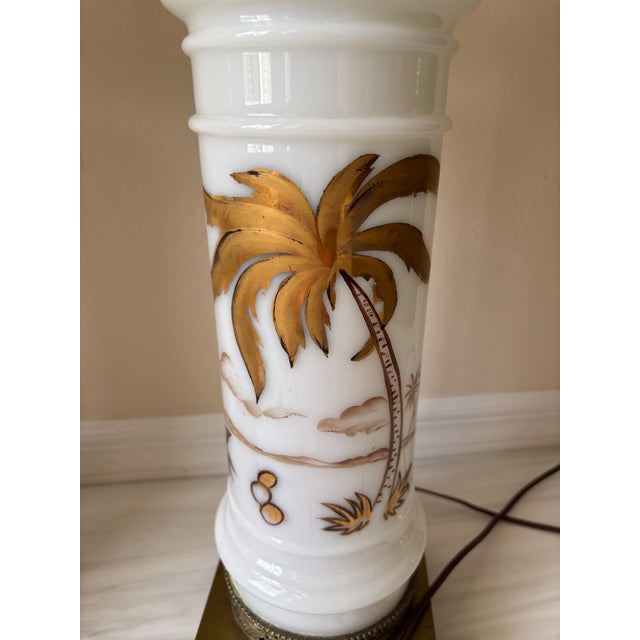Mid 20th Century Hollywood Regency Midcentury Gold and White Hand Painted Opaline Palm Tree Table Lamps - a Pair For Sale - Image 11 of 11