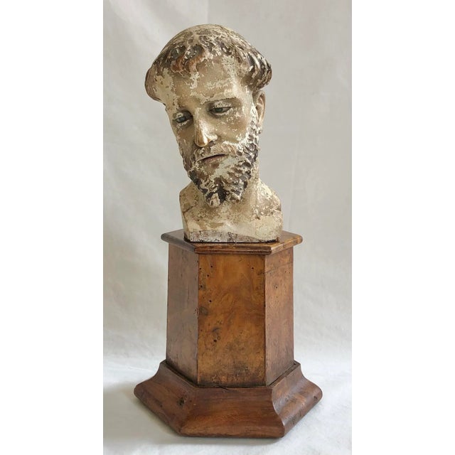 An Early 18th c. Spanish Colonial Carved Wooden Head of a Saint with an Unusual Open Mouth, Blue Glass Eyes and Old...